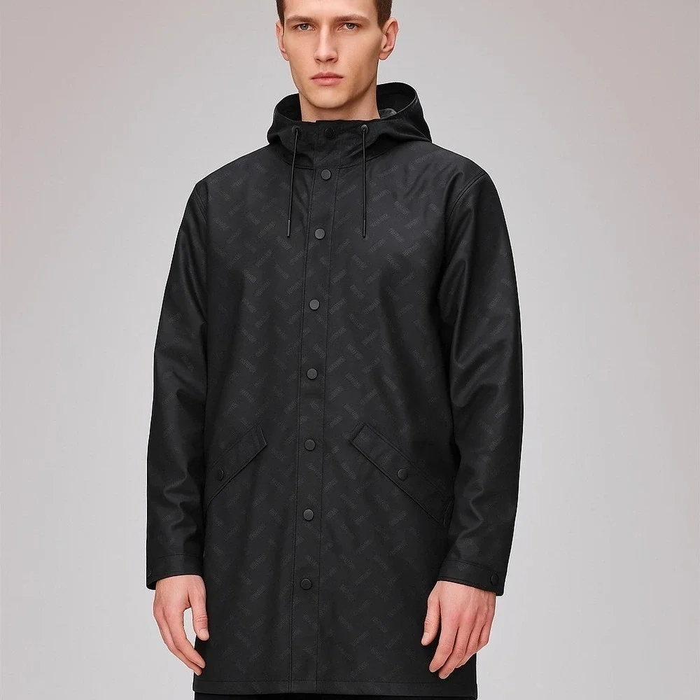RAINS Jacket W3 Unisex Rain Jacket, Black Logo Print (Men's XL / Women's XXL)